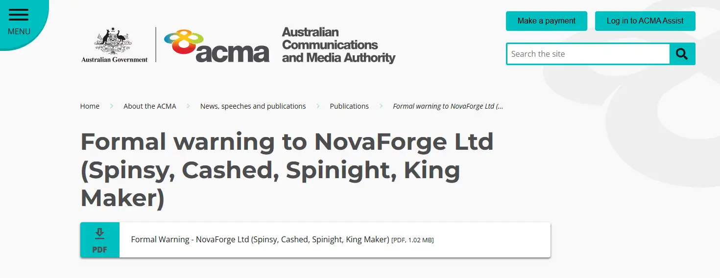 Official ACMA material documenting enforcement or blocking involving King Maker